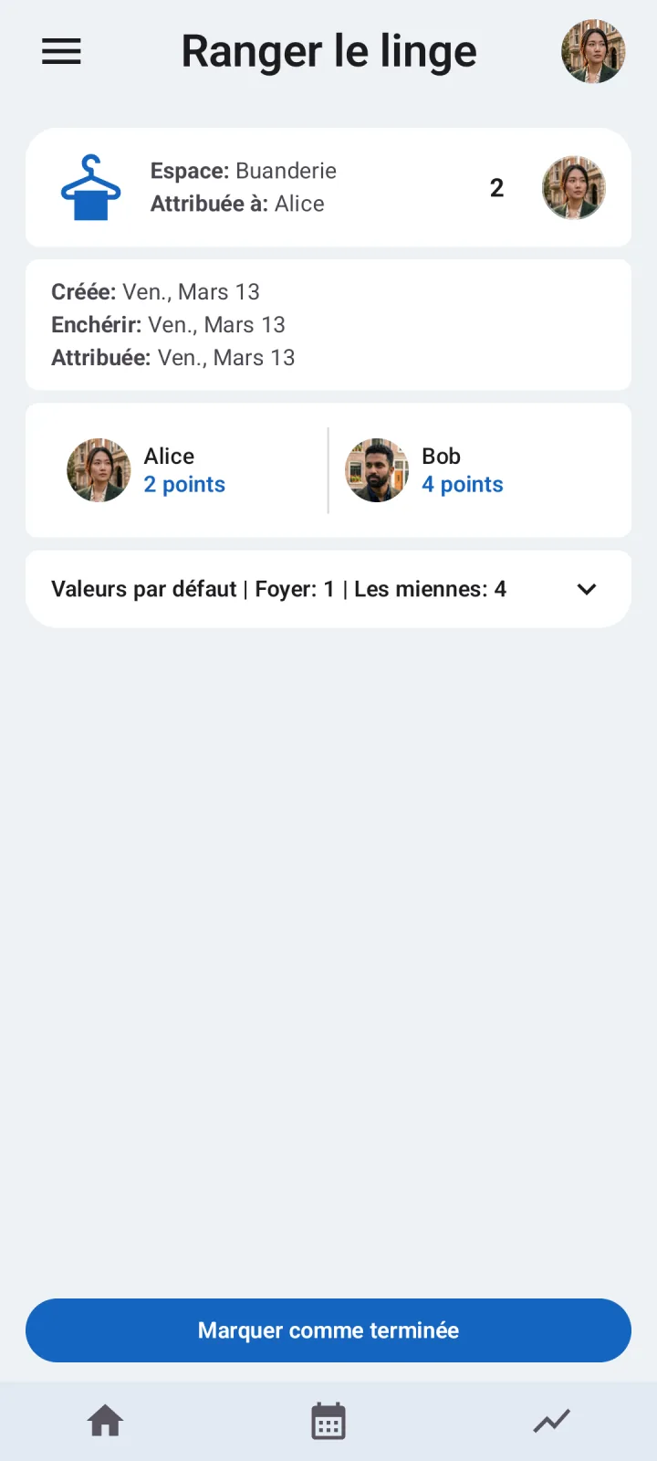 Détails d'une tâche ménagère attribuée dans Octidy après la clôture des enchères