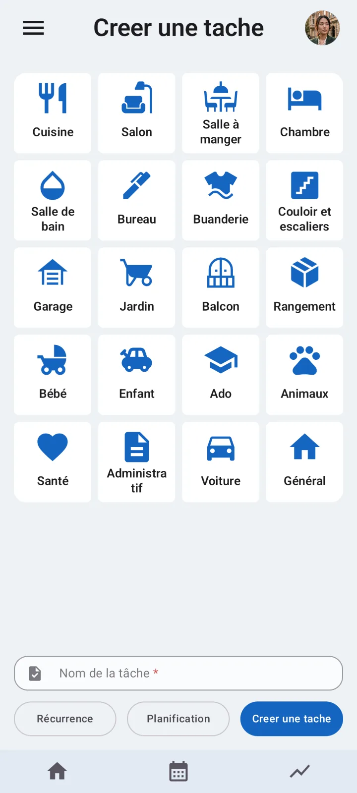Création d'une tâche ménagère récurrente dans Octidy avec planning et paramètres d'enchères