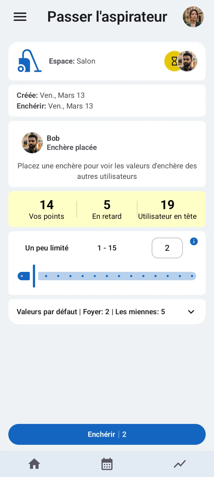 Écran d'enchères de tâches dans Octidy affichant les offres du foyer