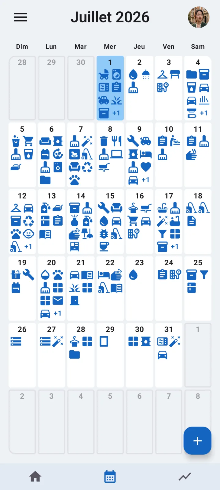 Calendrier de tâches ménagères dans Octidy montrant les prochaines tâches partagées