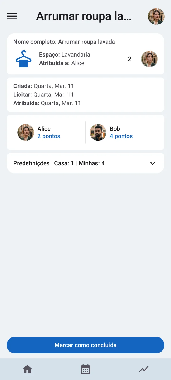 Detalhes de uma tarefa doméstica atribuída no Octidy depois de fechar a licitação