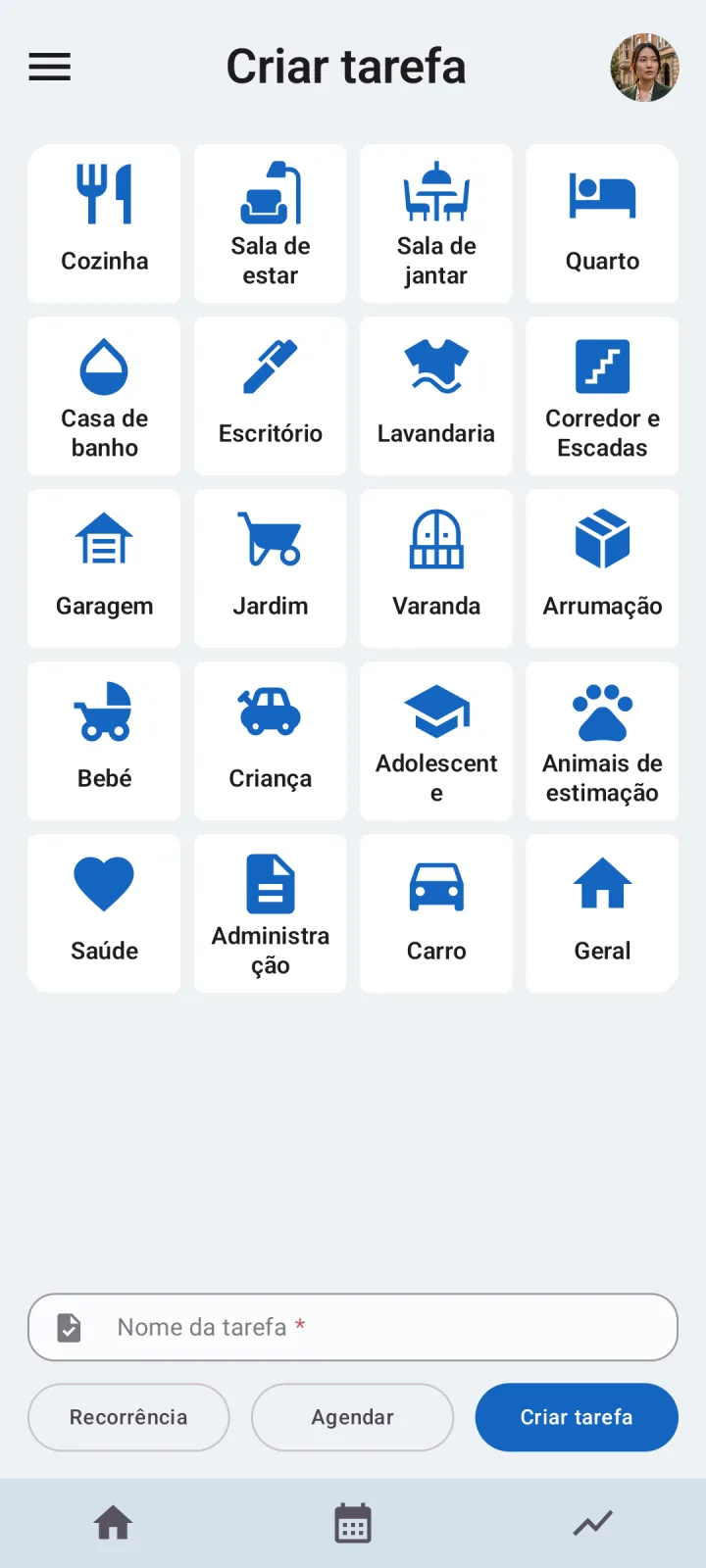 Criar uma tarefa doméstica recorrente no Octidy com agenda e definições de licitação