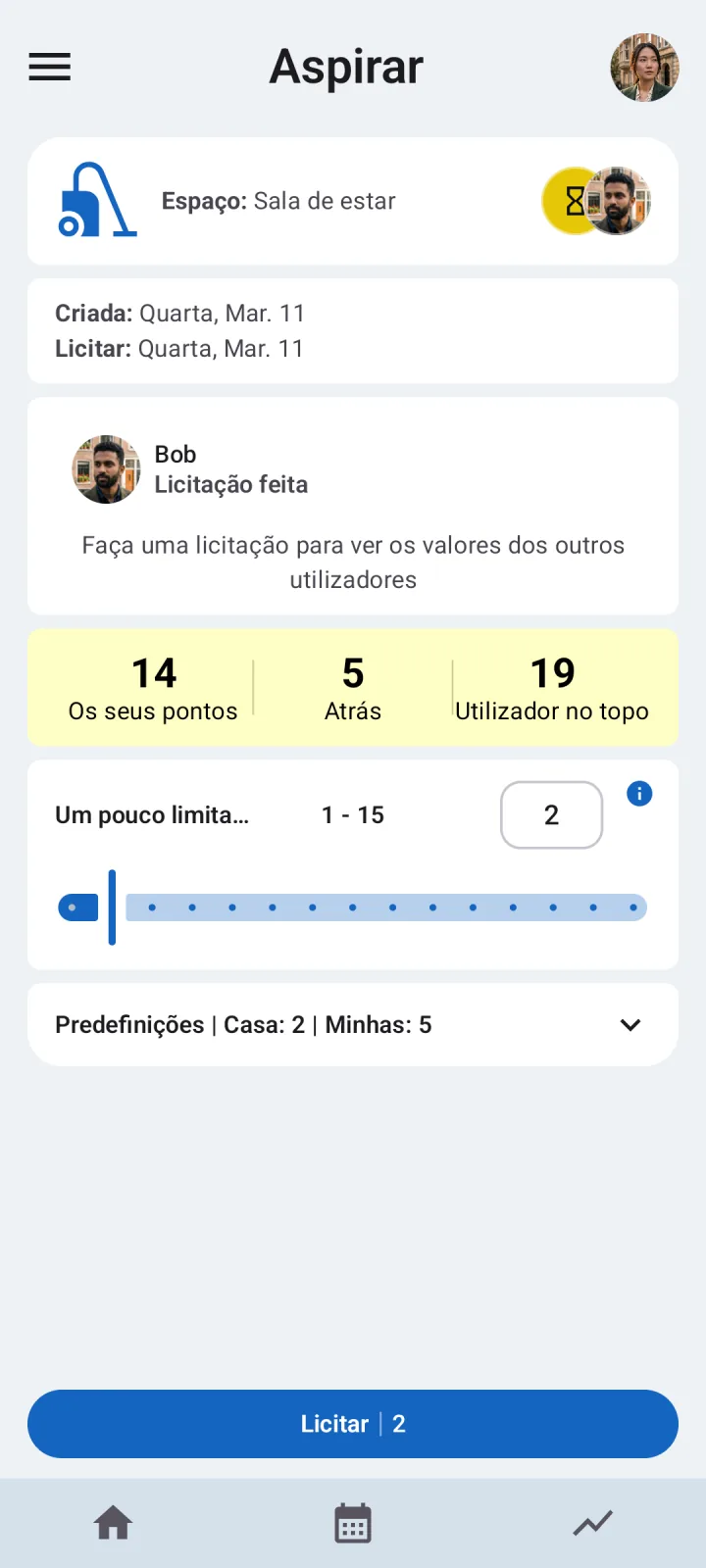 Ecrã de licitação de tarefas no Octidy com propostas da casa