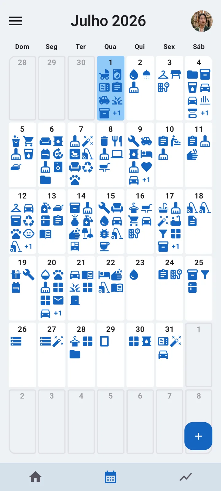 Calendário de tarefas domésticas no Octidy com próximas tarefas partilhadas