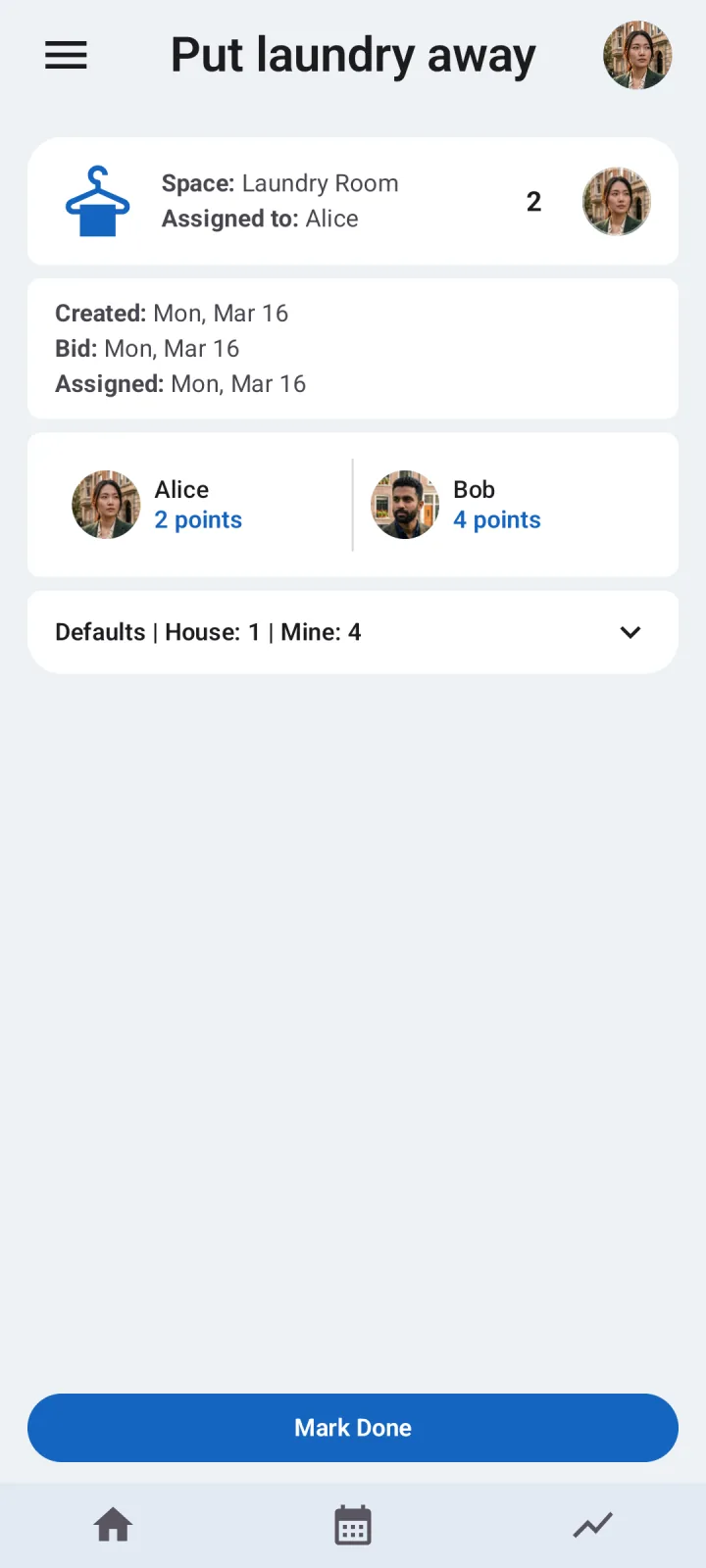 Assigned household task details in Octidy after bidding closes