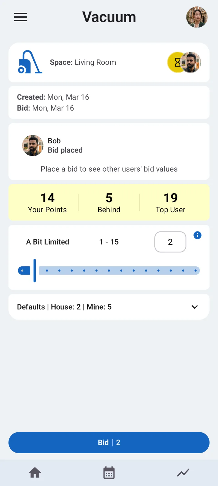 Open chore bidding screen in Octidy showing household bids