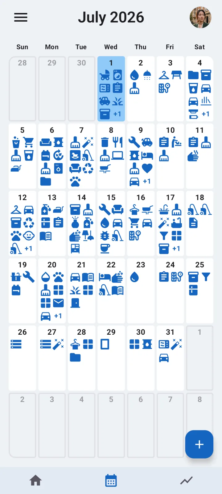 Household chore calendar in Octidy showing upcoming shared tasks