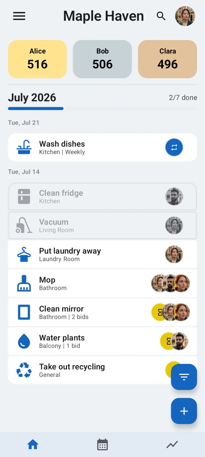 Octidy chore app dashboard for roommates showing shared tasks, bids, and points